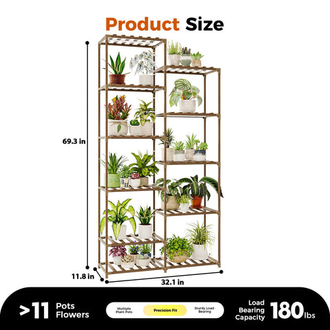 Bamworld tall plant stand supports up to 11 pots for a dense display.