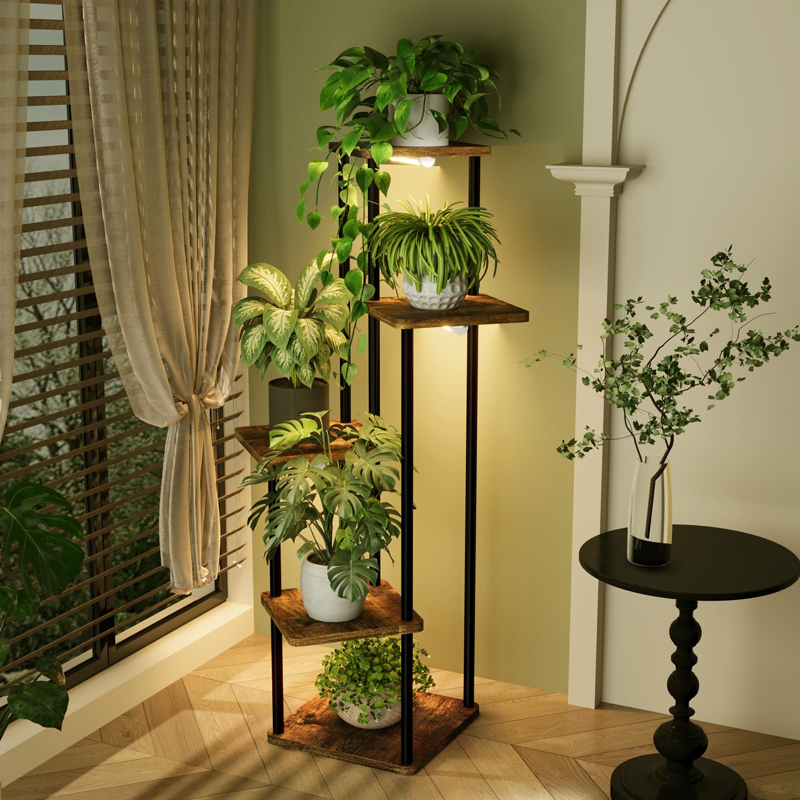 Bamworld tiered shelf display showcasing multiple plants with space-saving vertical design