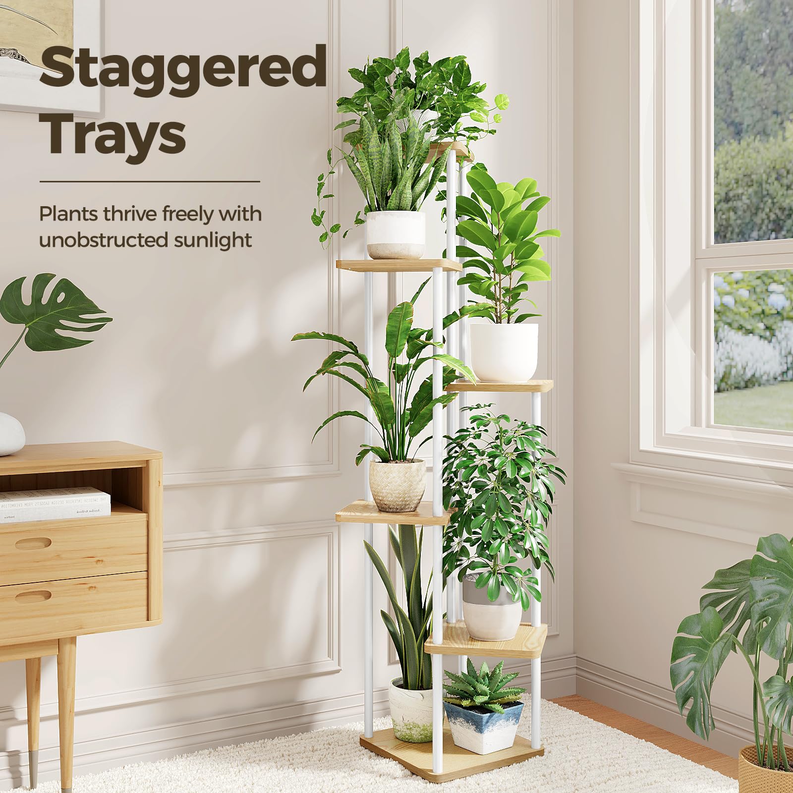 Bamworld white 6-tier plant stand front view highlighting tall, space-saving design