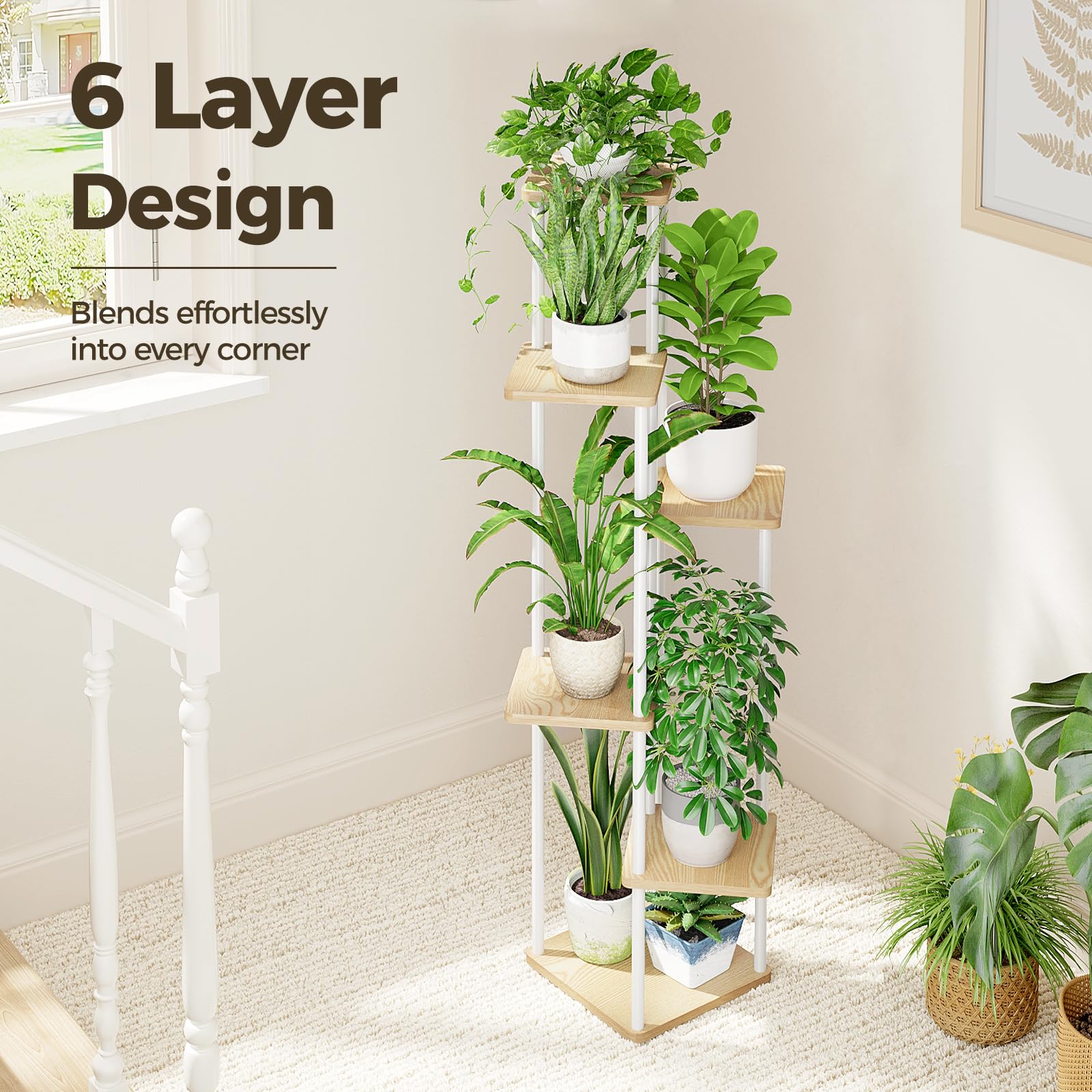 Bamworld white 6-tier plant stand in living room display with plants