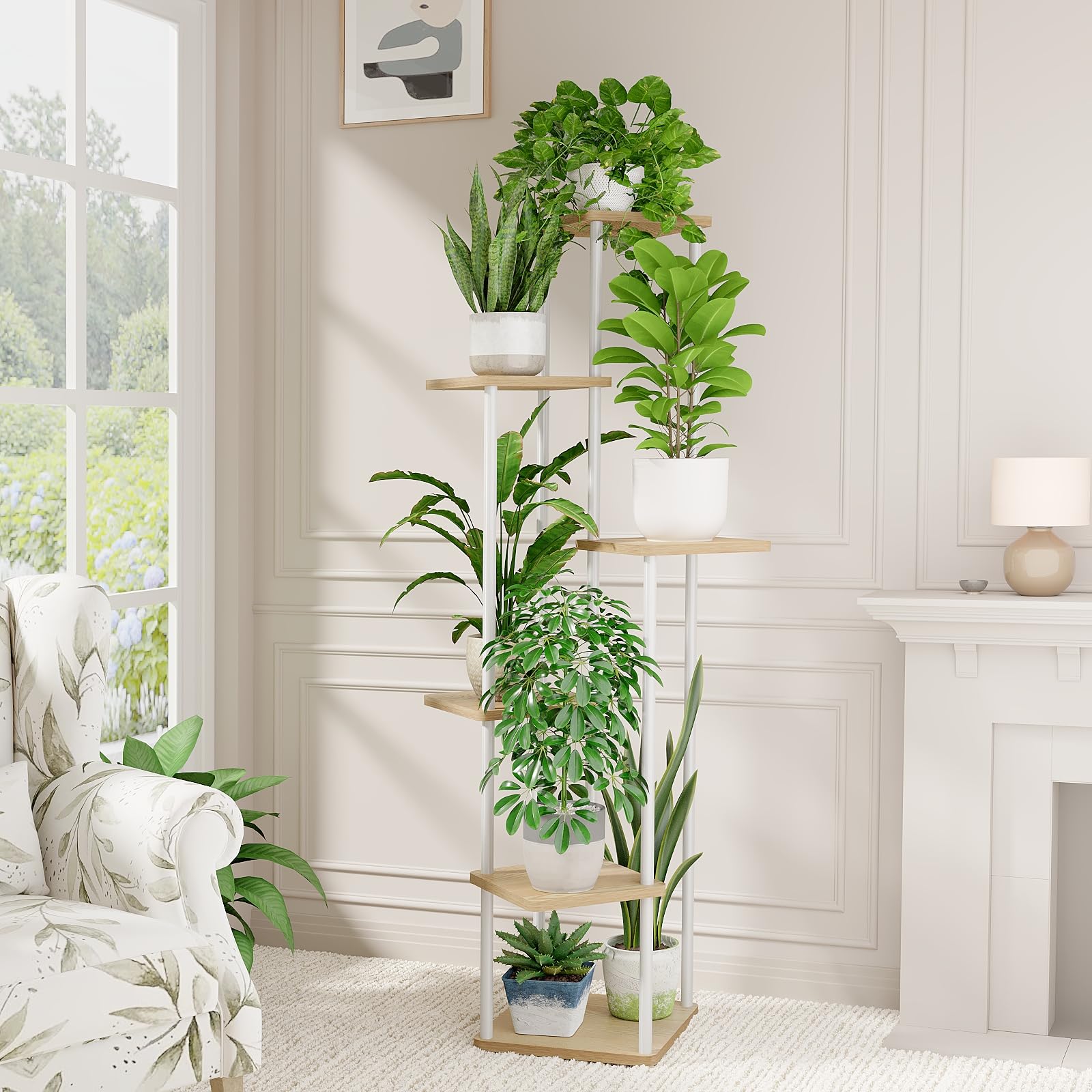 Bamworld white 6-tier plant stand side view showing vertical garden potential
