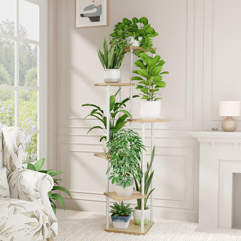 Bamworld white 6-tier plant stand side view showing vertical garden potential