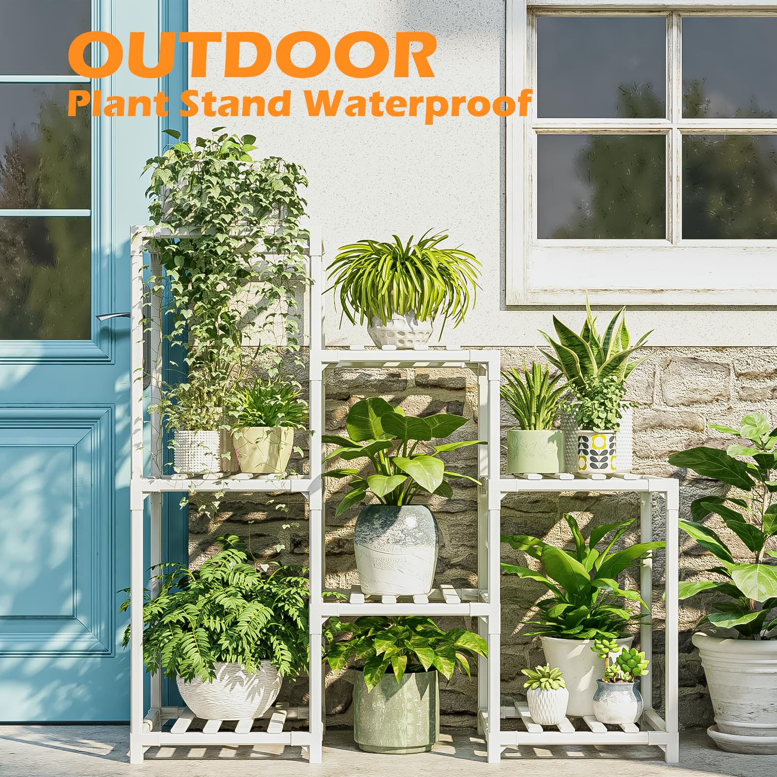 Bamworld white bamboo plant stand on balcony maximizing sunlight exposure.