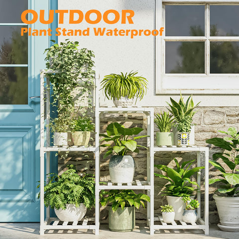 Bamworld white bamboo plant stand on balcony maximizing sunlight exposure.