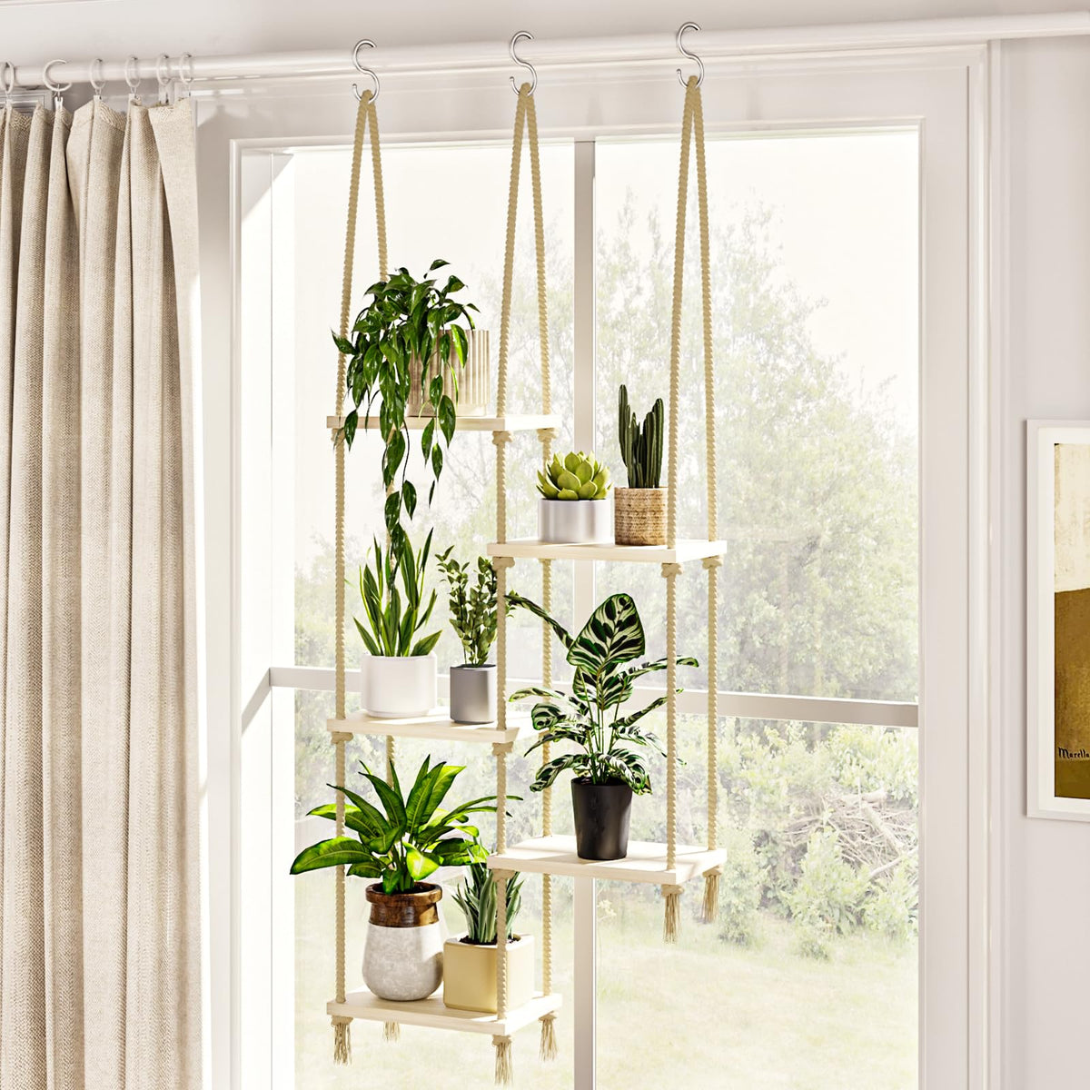Bamworld window shelf planter hanger showcases sunlit greens for a bright indoor display.