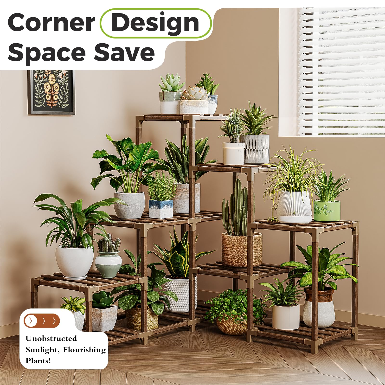 Bamworld wooden ladder-style shelf showcases multiple plants in a stylish indoor corner.
