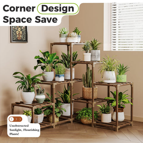 Bamworld wooden ladder-style shelf showcases multiple plants in a stylish indoor corner.