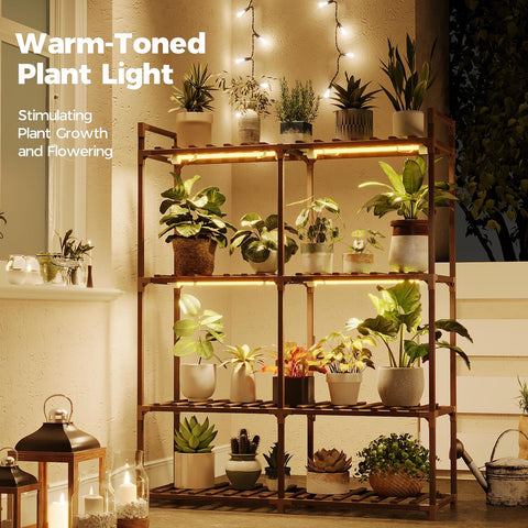 Bamworld wooden 4-tier shelf closeup shows wide partitions for large pots