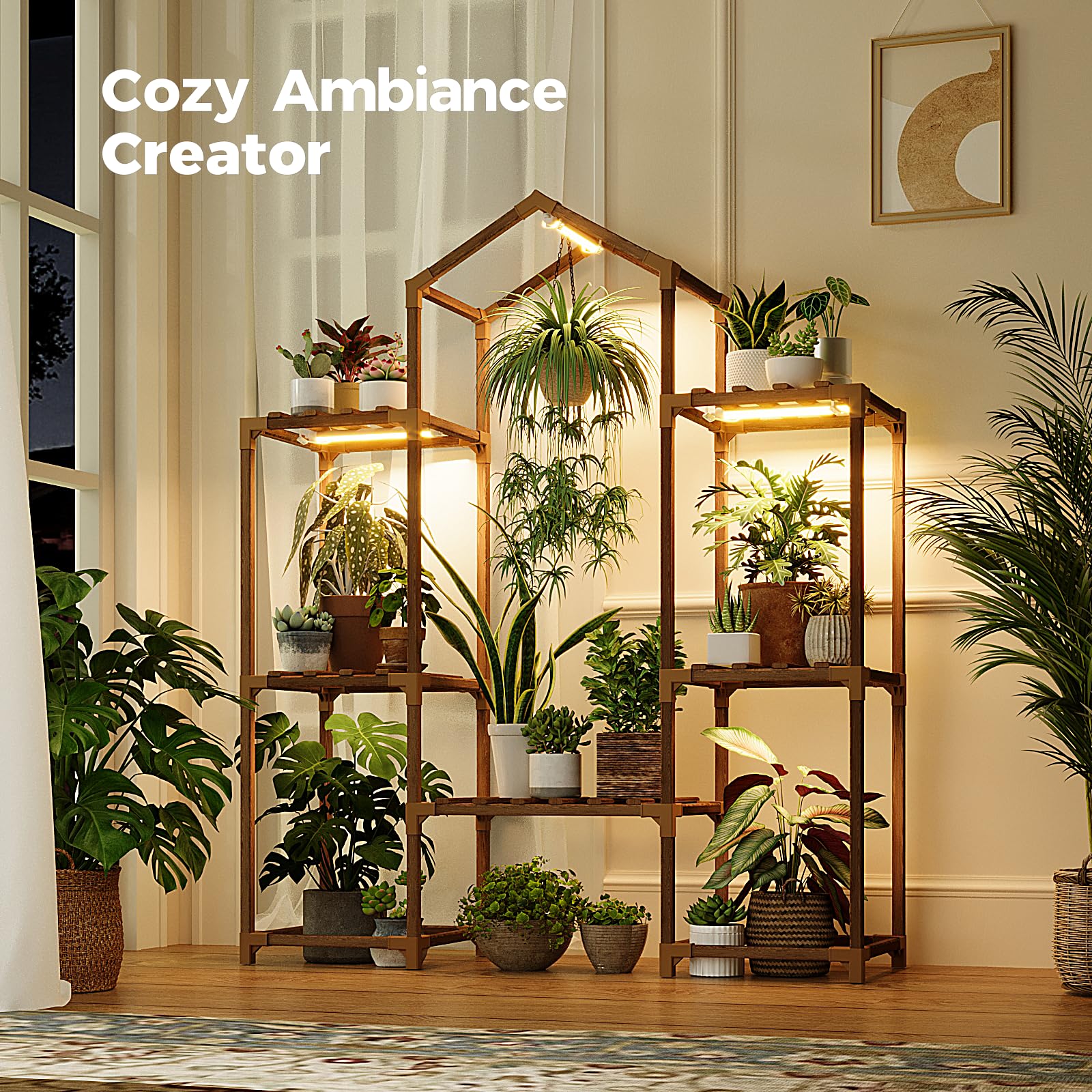 Bamworld wood shelf with hanging rod displaying multiple planters.