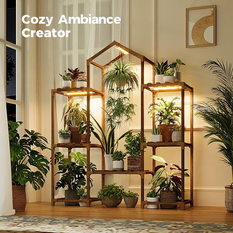 Bamworld wood shelf with hanging rod displaying multiple planters.