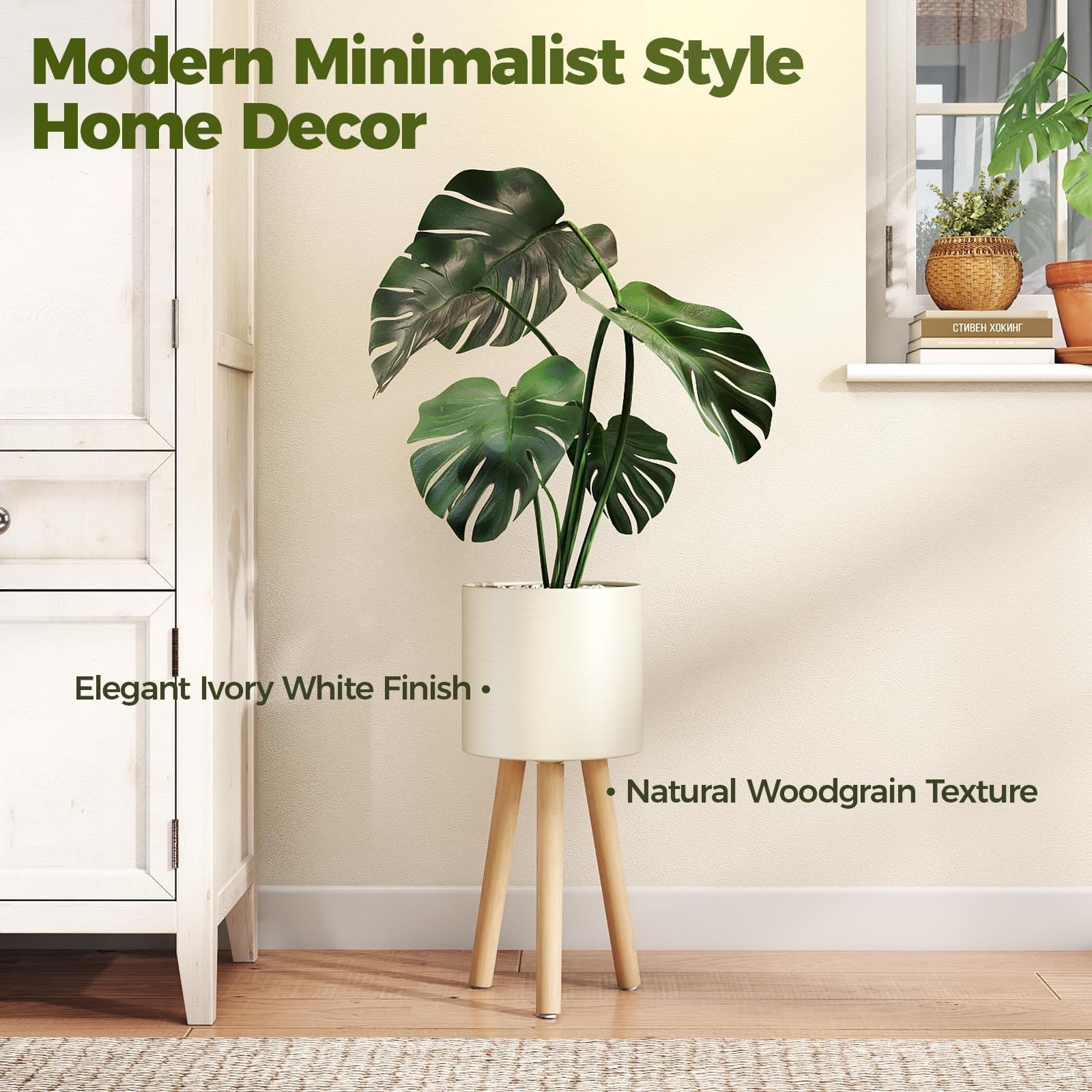Bamworld wooden legs ash wood stand highlights natural texture and stable plant display.