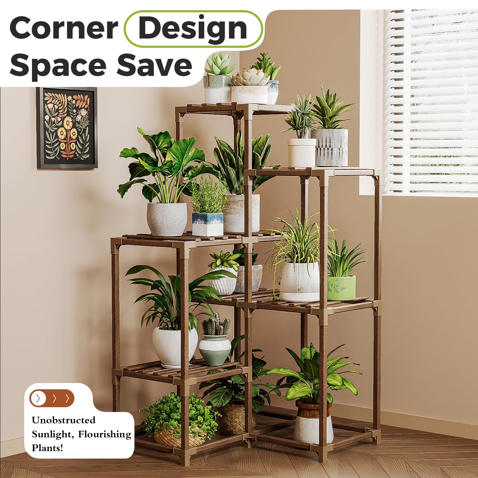 Bamworld wooden plant shelf in indoor display saves floor space.