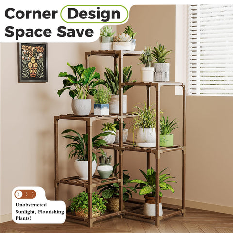 Bamworld wooden plant shelf in indoor display saves floor space.