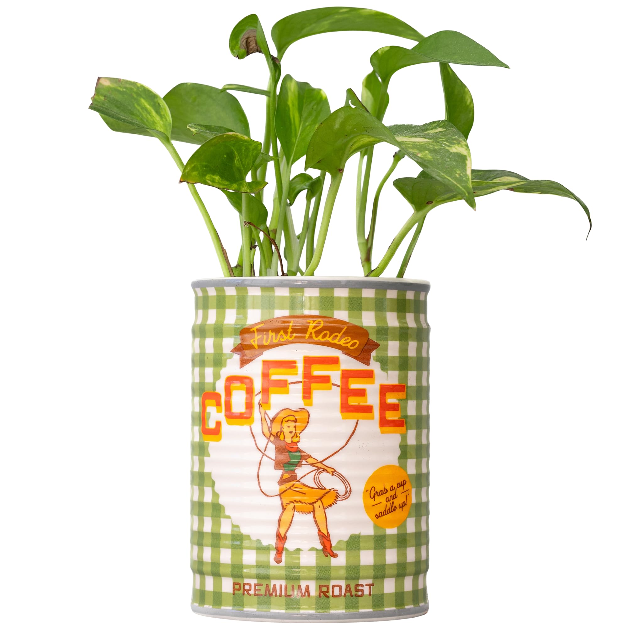 Ban-do coffee can planter with drainage hole showcases retro charm for indoor plants.