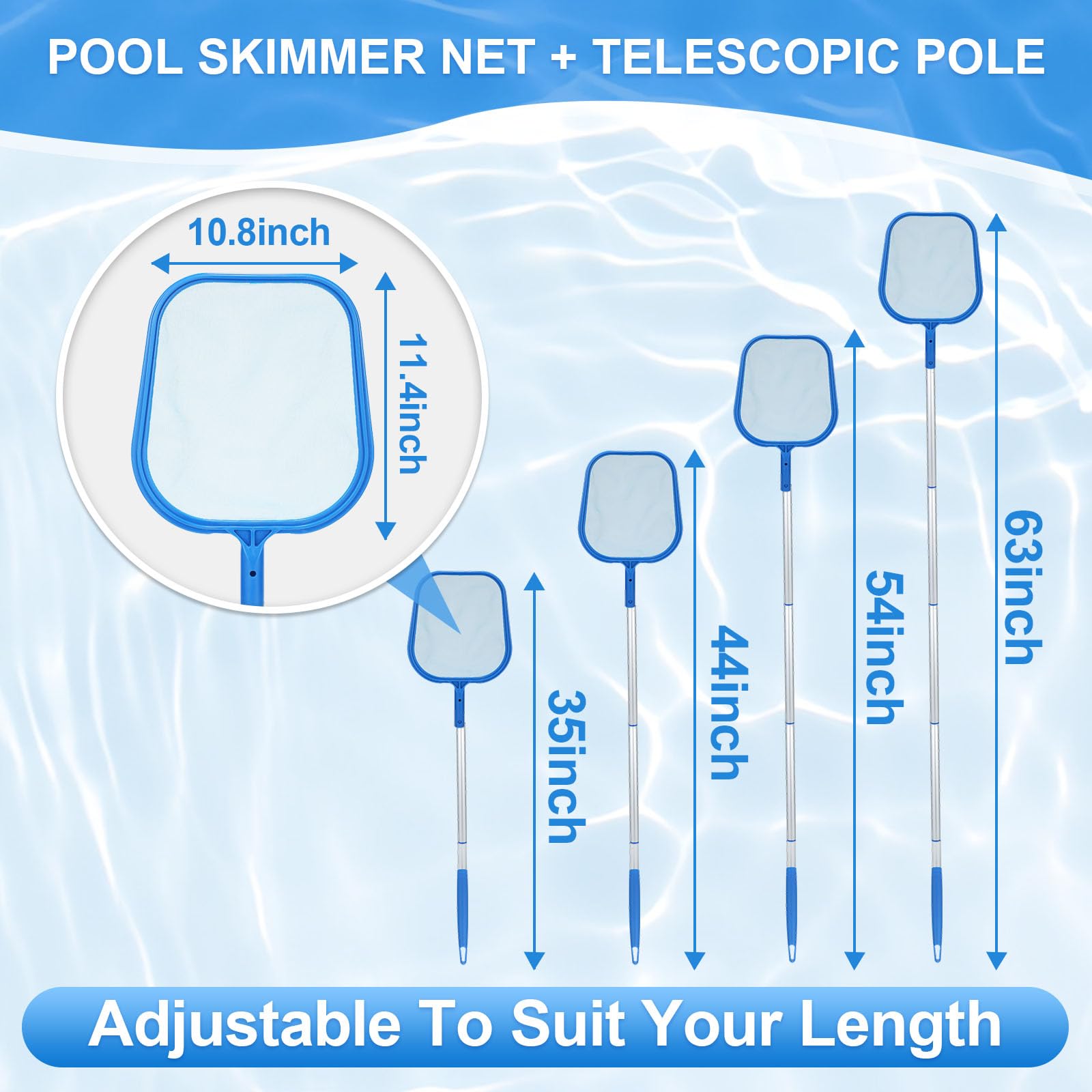 Banax 5-section pole allows adjustable reach for different pool depths.