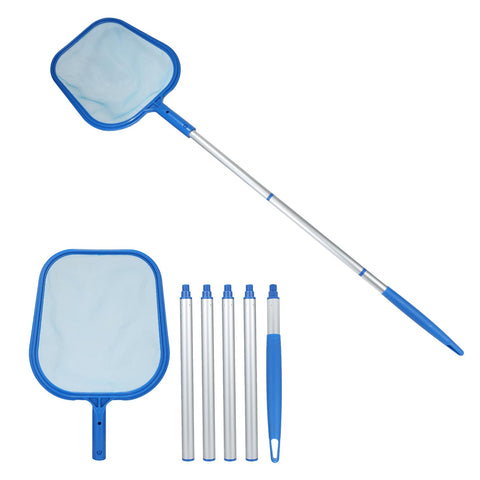 Banax pool skimmer net with five aluminum poles shows adjustable length for versatile cleaning.