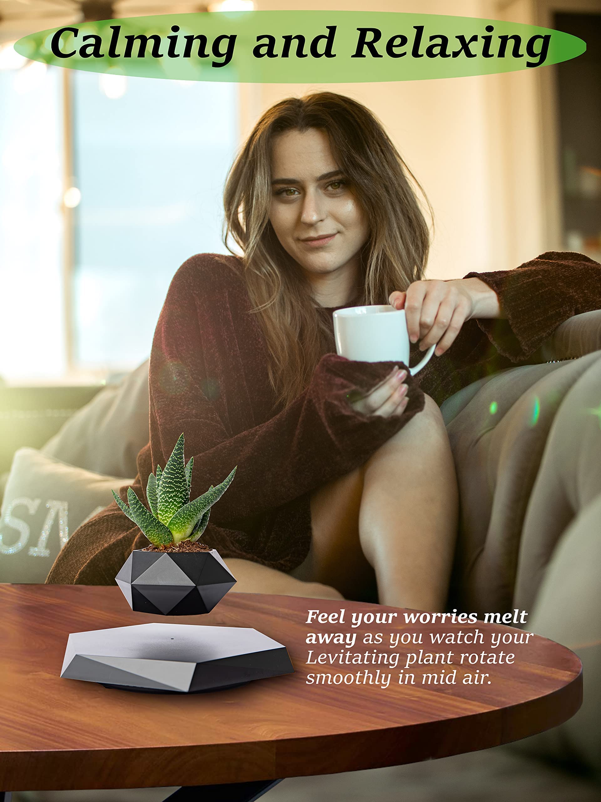BandDlevs floating pot succulent hover adds modern charm to any desk.