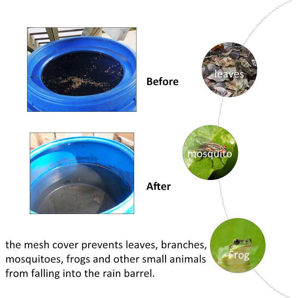Bandelt mesh cover installed on a rain barrel showing secure drawstring for windy days