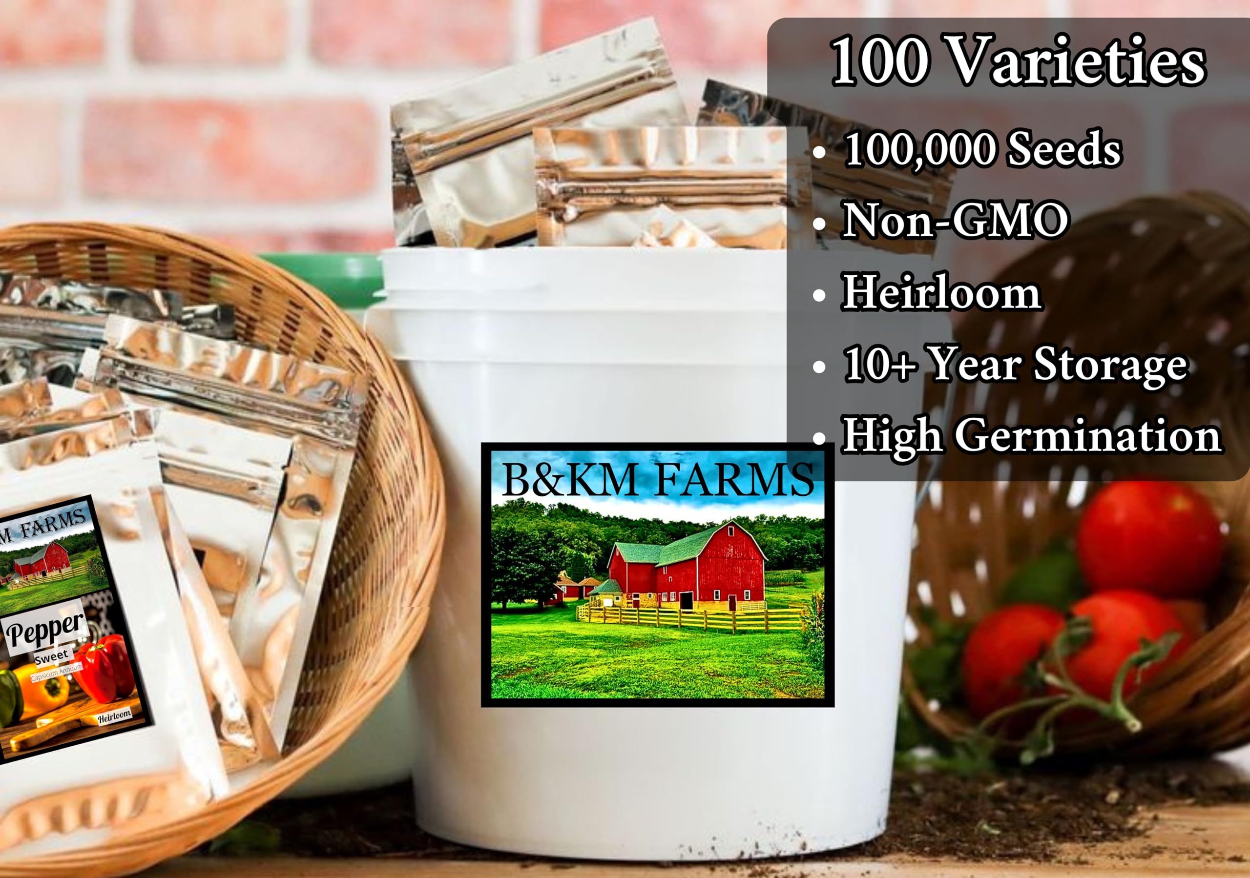 B&KM Farms fifty varieties pack shows diverse open-pollinated options for gardeners.