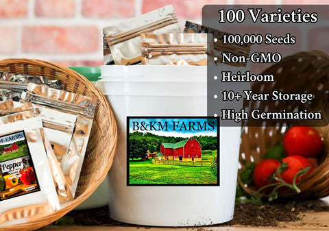 B&KM Farms fifty varieties pack shows diverse open-pollinated options for gardeners.