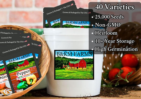 B&KM Farms tamper-evident-pail shows secure, weather-resistant storage for seeds.
