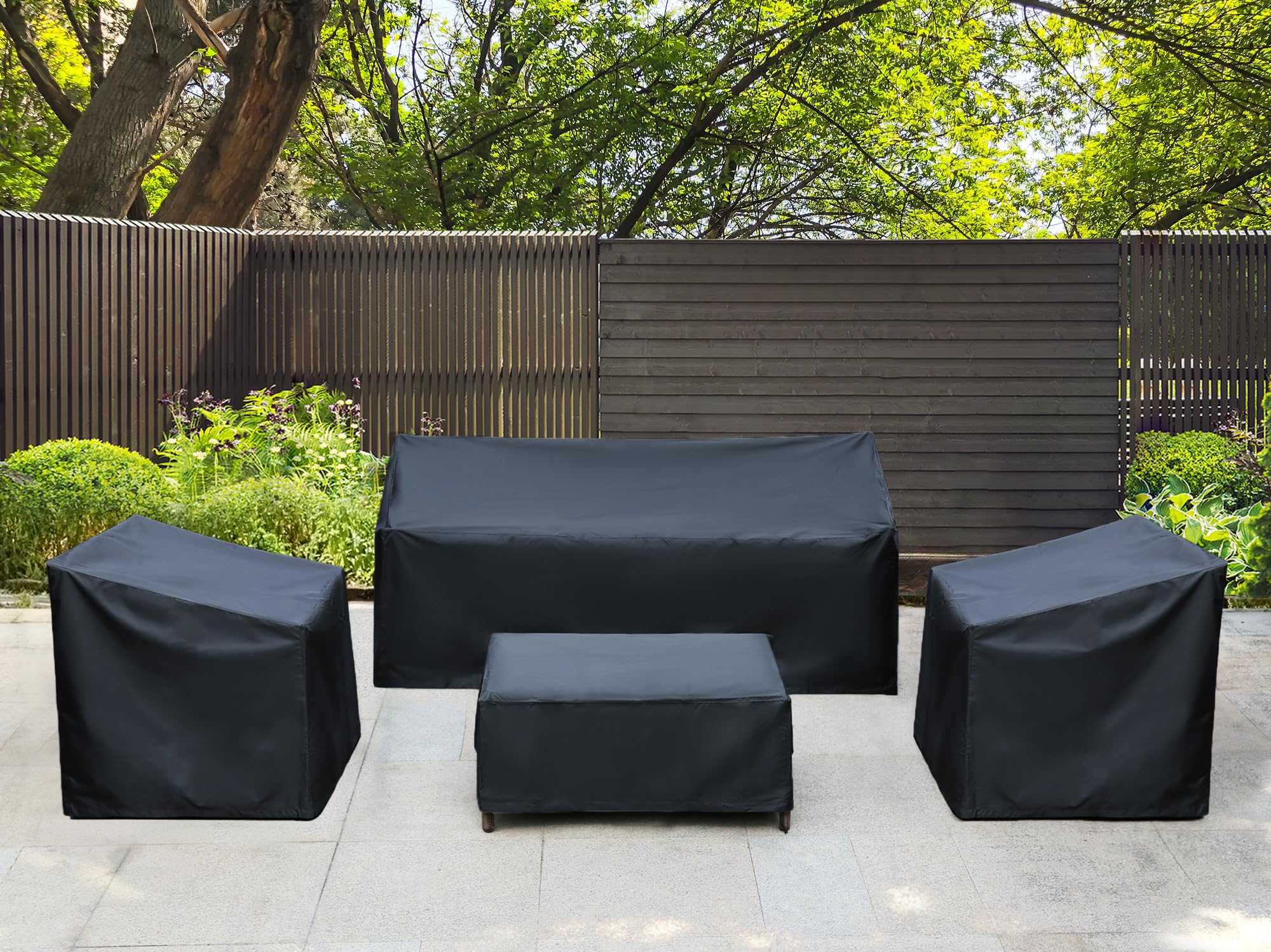 Baner Garden chair cover with windproof straps securing seating.