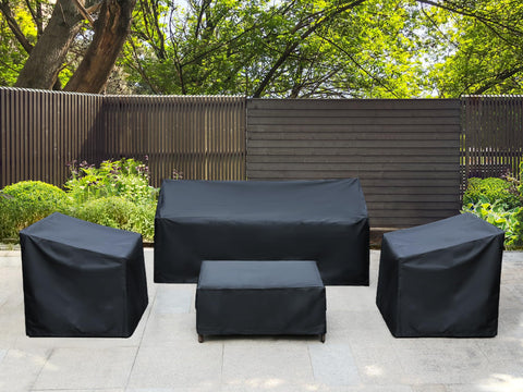 Baner Garden chair cover with windproof straps securing seating.