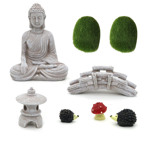 BangBangDa meditation Buddha statue enhances a peaceful tabletop zen garden.