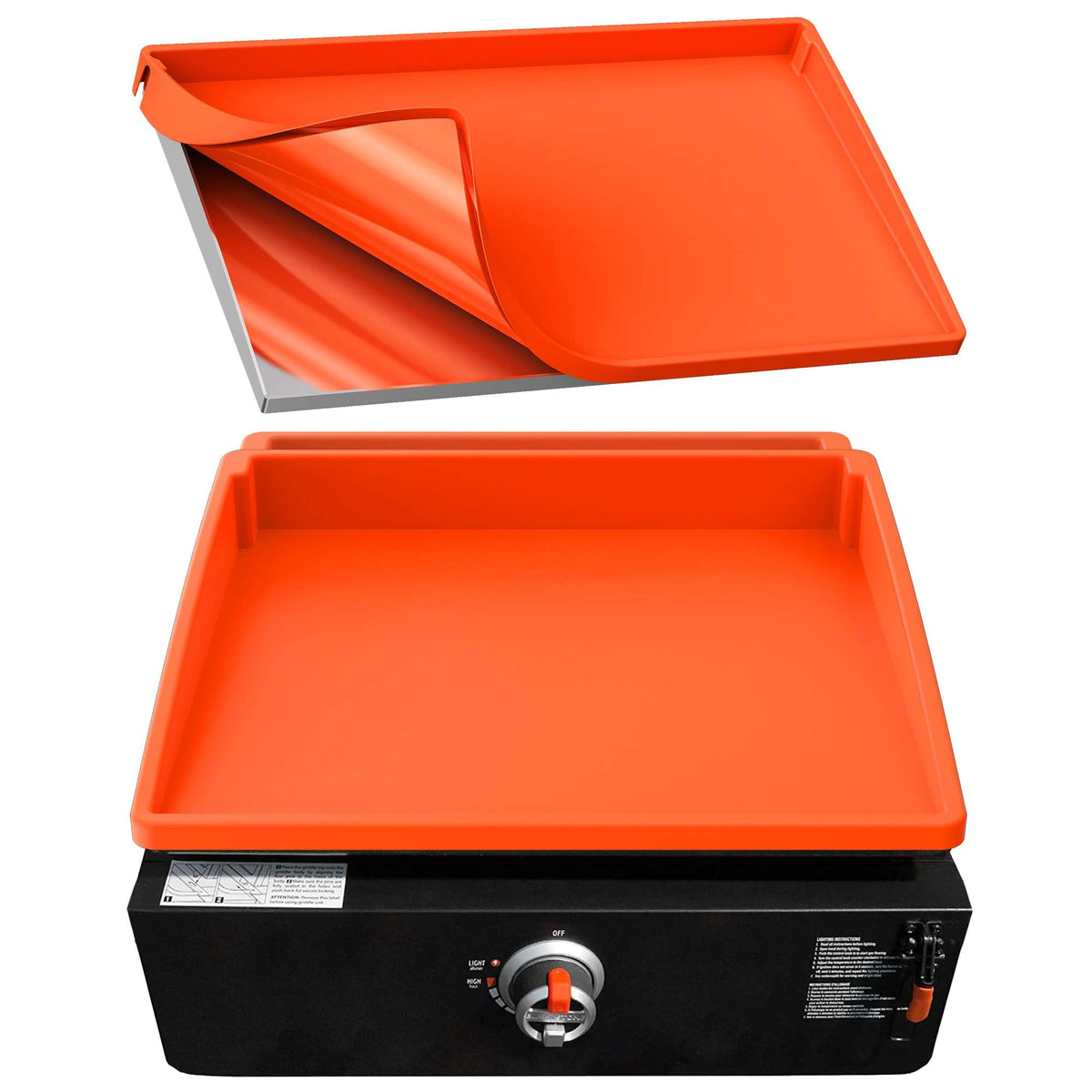 Bangie 17-inch silicone griddle mat orange showing gravity-lock for a flat surface
