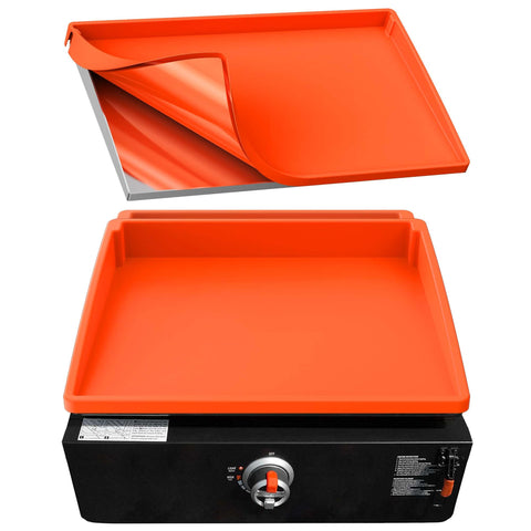 Bangie 17-inch silicone griddle mat orange showing gravity-lock for a flat surface