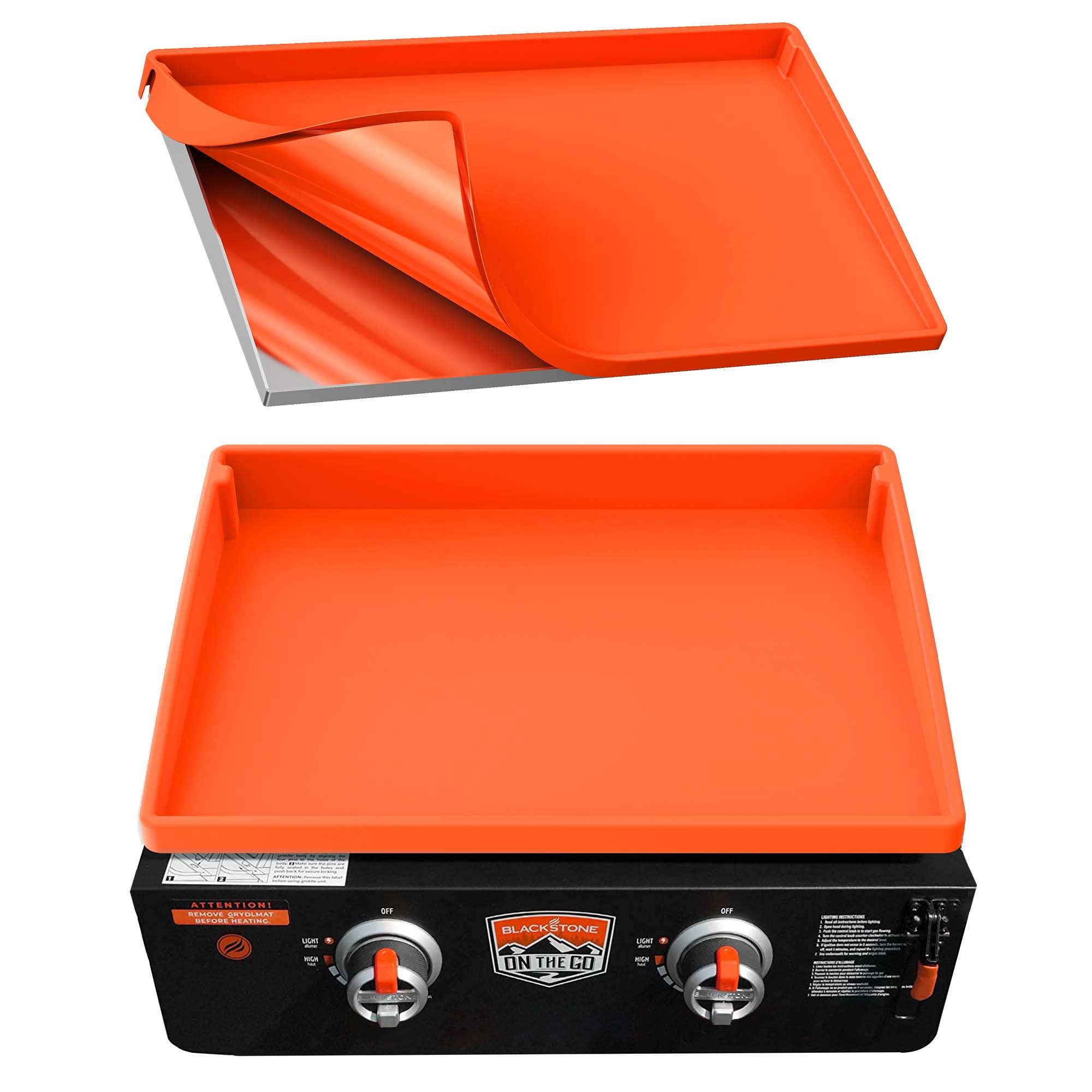 BANGIE 22-inch griddle mat front view in orange ready for grilling.