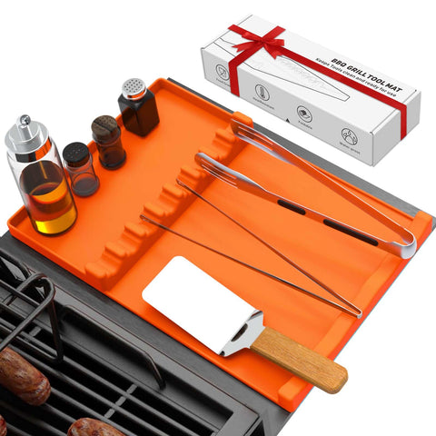 BANGIE silicone grill mat on counter showing organized Blackstone setup for grilling