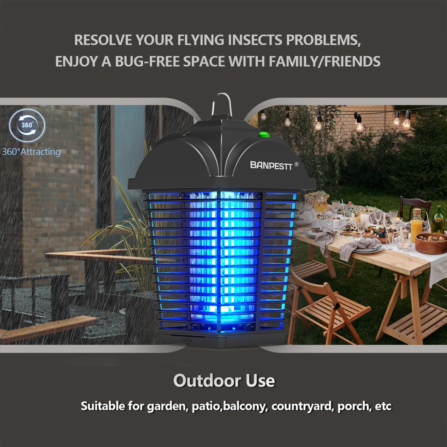 Dusk-to-dawn sensor activates BANPESTT zapper for evenings outdoors.