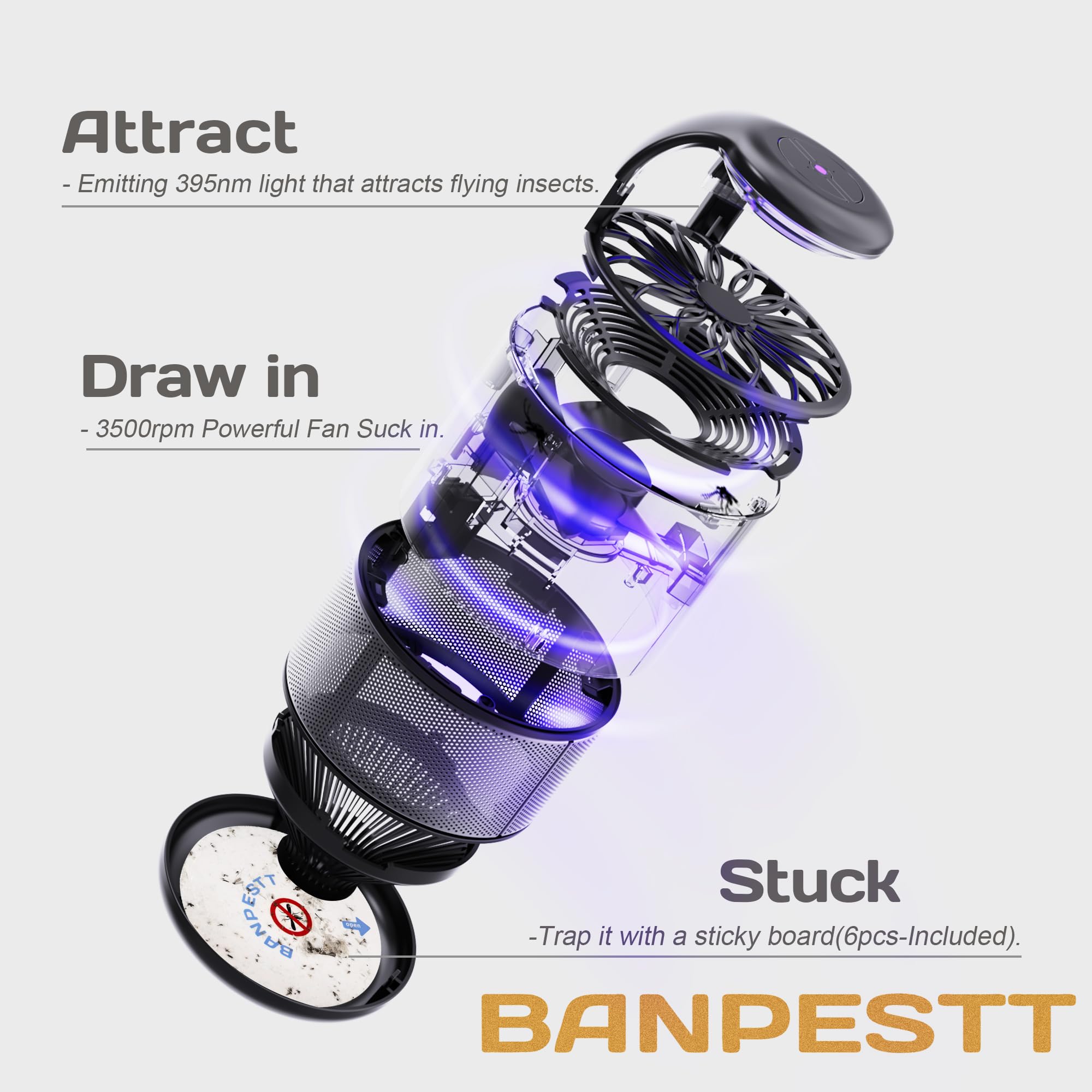 BANPESTT quiet suction action captures pests without noise.