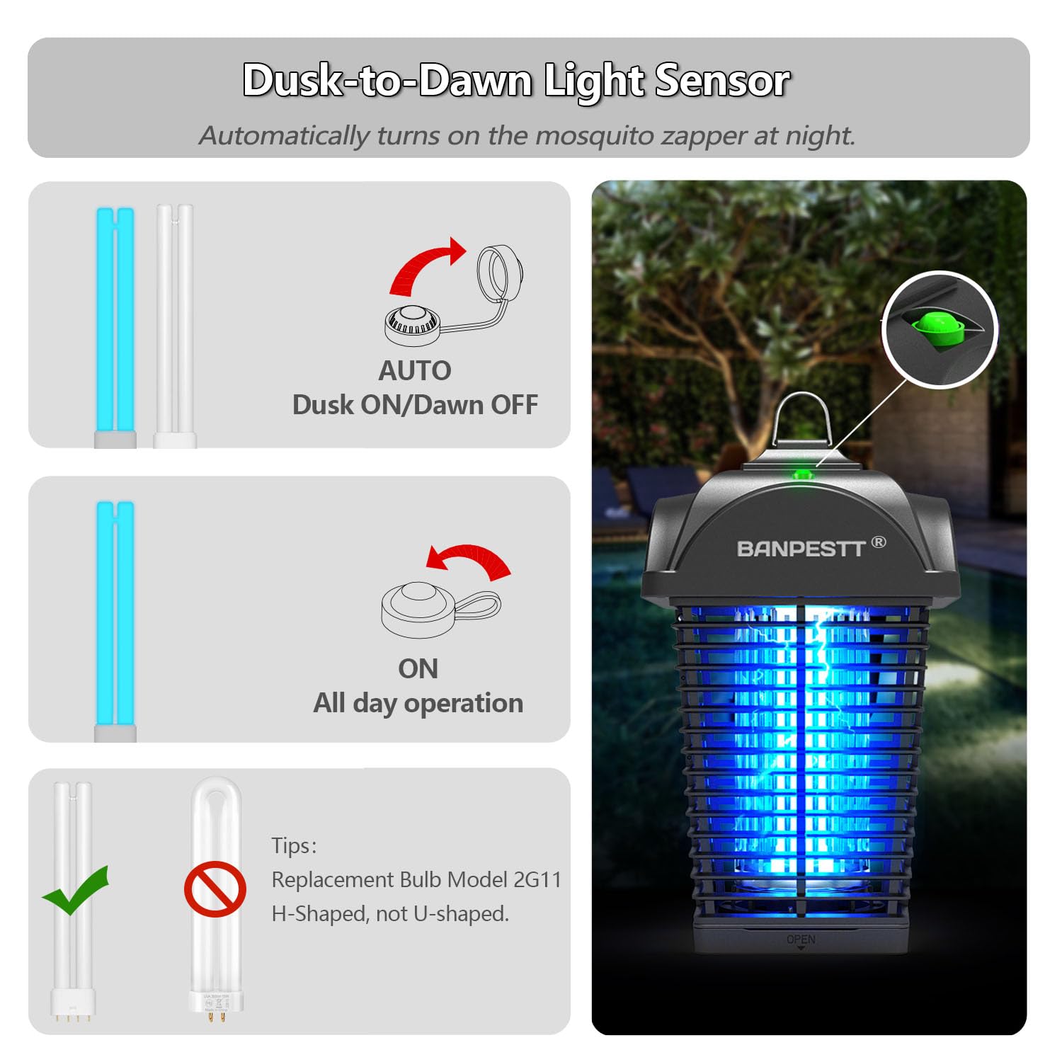 Weatherproof IPX4 bug zapper designed for Garden and Deck use.