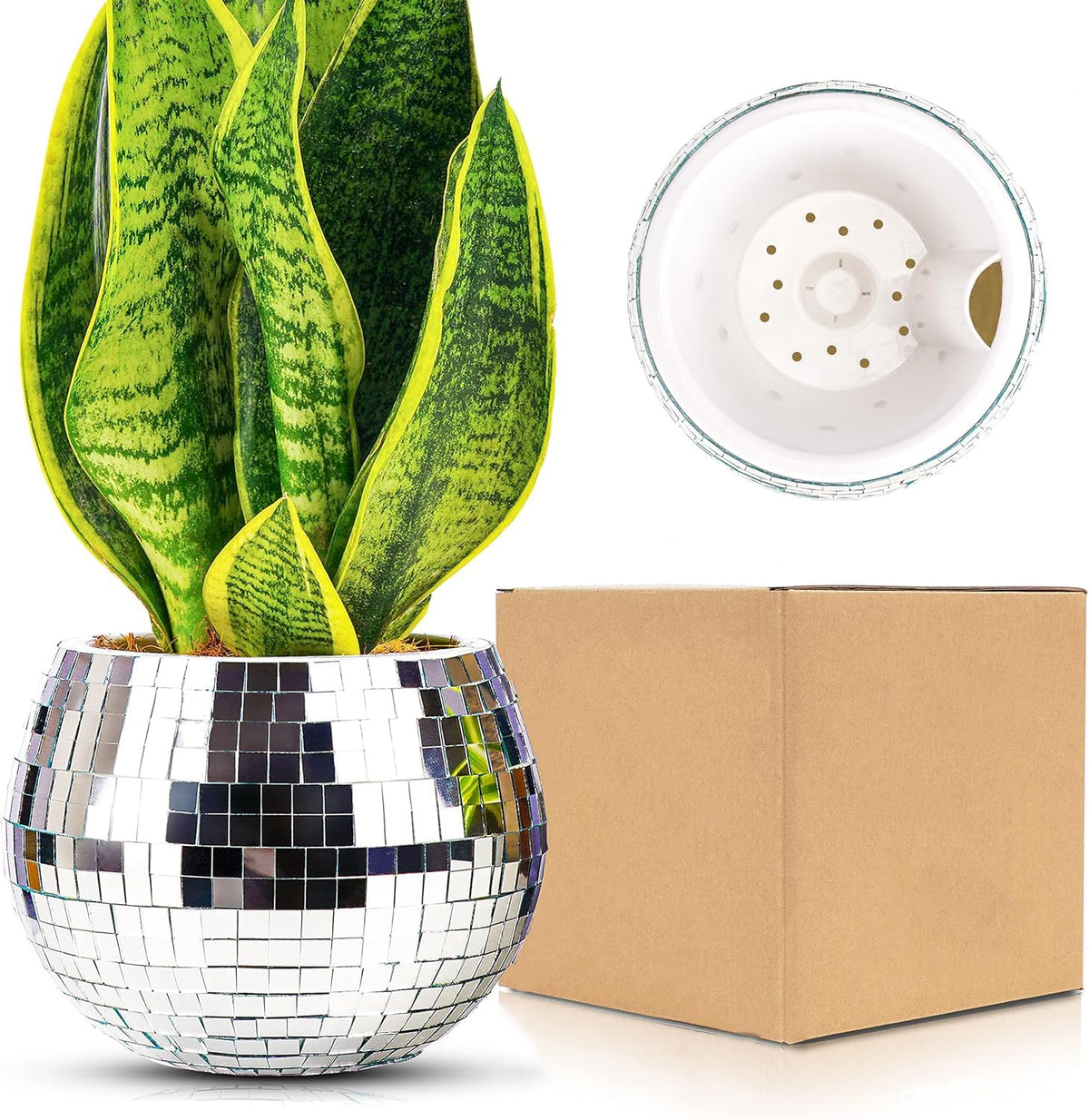 Baobyao disco ball planter silver on tabletop, perfect for small succulents and modern décor.