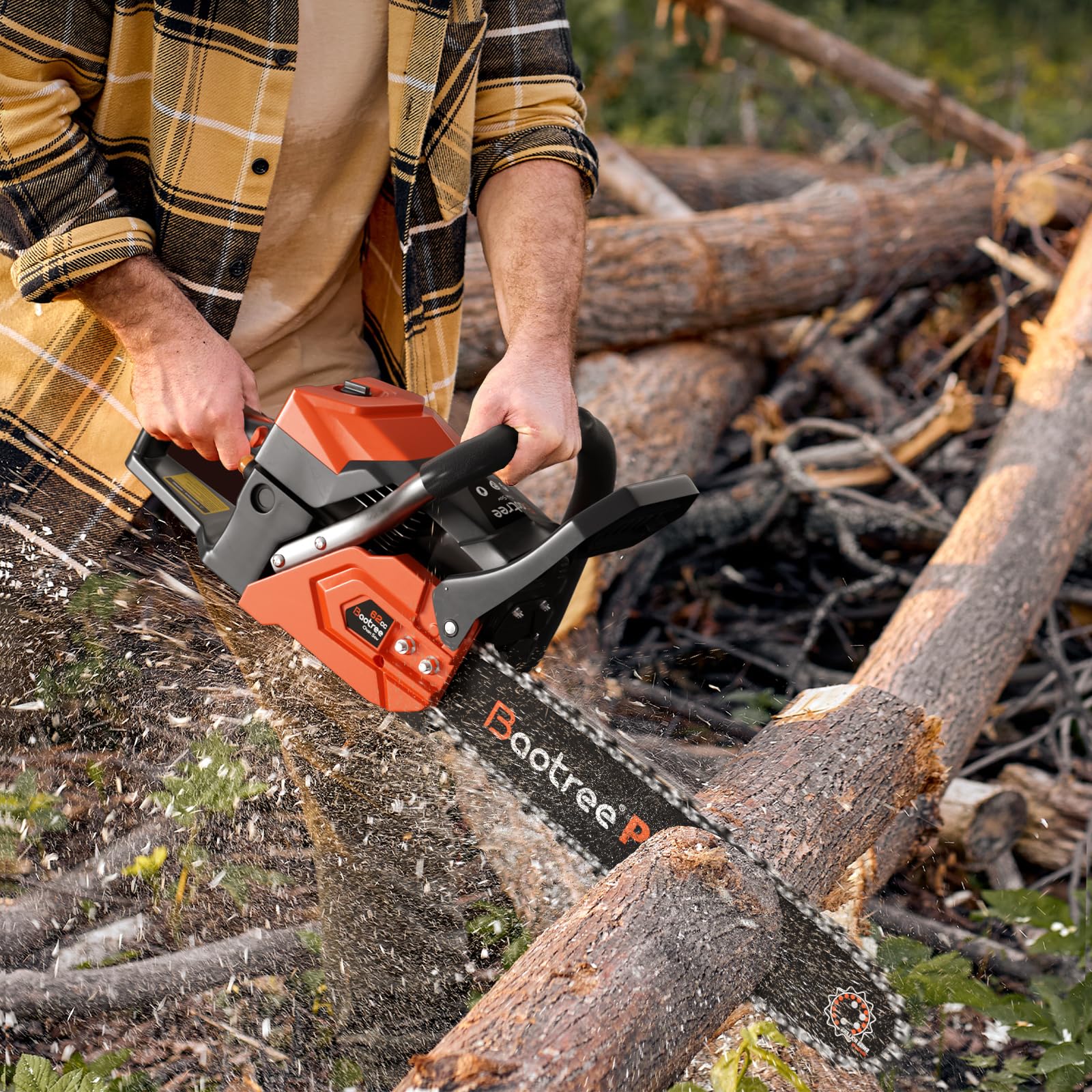 Baotree 62cc chainsaw with anti-vibration system reduces fatigue during heavy cutting