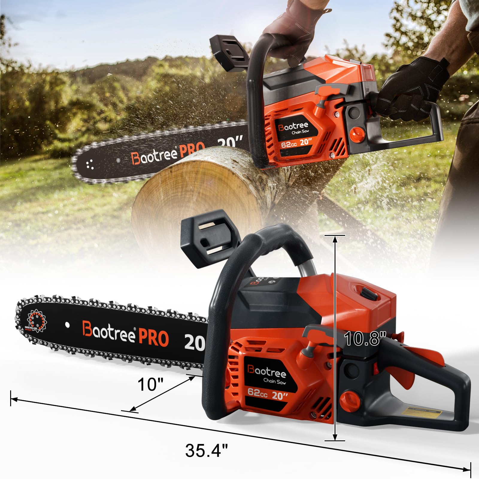 Baotree 62cc chainsaw with chain brake in use for enhanced operator safety