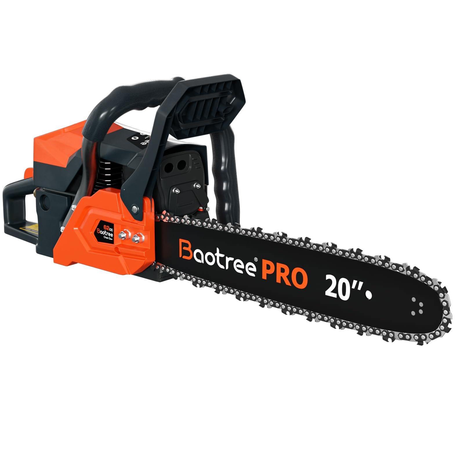 Baotree 62cc gas chainsaw front view for powerful yard work and easy reach