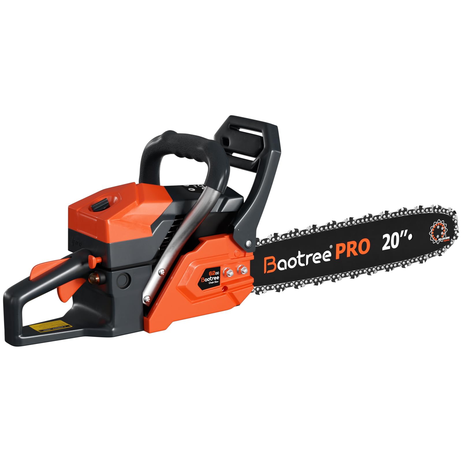 Baotree 62cc chainsaw side view highlighting ergonomic grip for comfortable long sessions