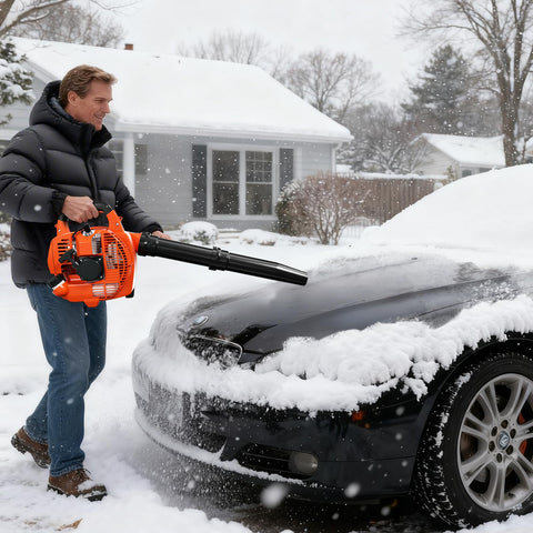 Baotree leaf blower-in-use-patio-cleanup enables quick, clean edges around decks.