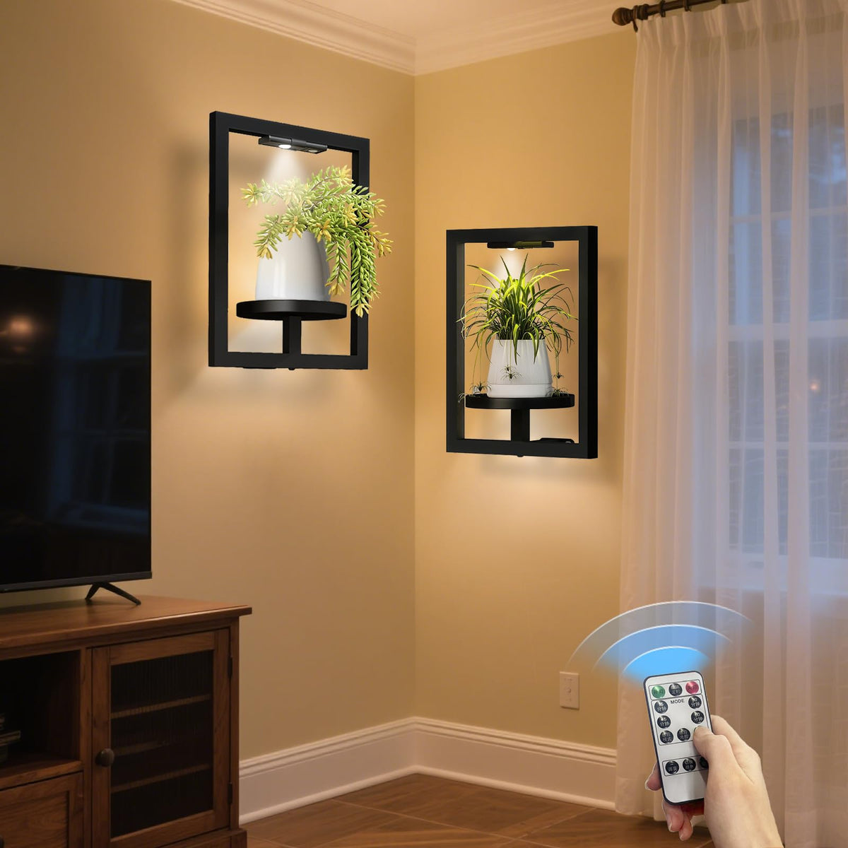 BAOYOUNI wall plant holder with light highlighting plants and decor.