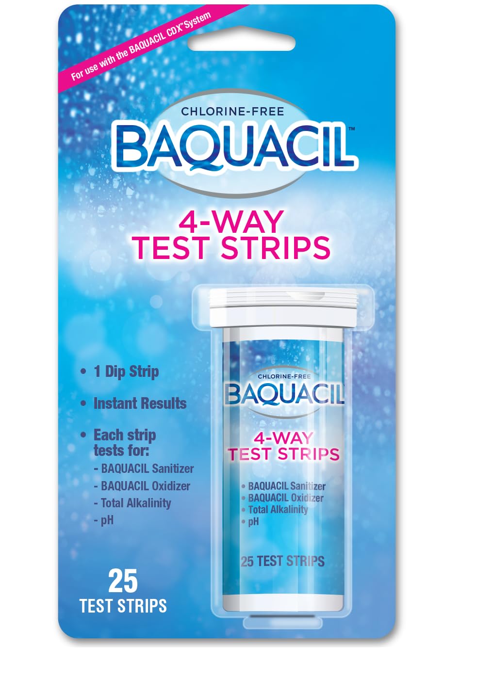 Baquacil 4-Way Test Strips container for quick weekly pool water checks.