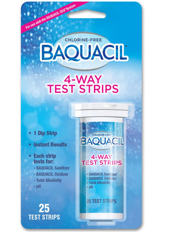 Baquacil 4-Way Test Strips container for quick weekly pool water checks.