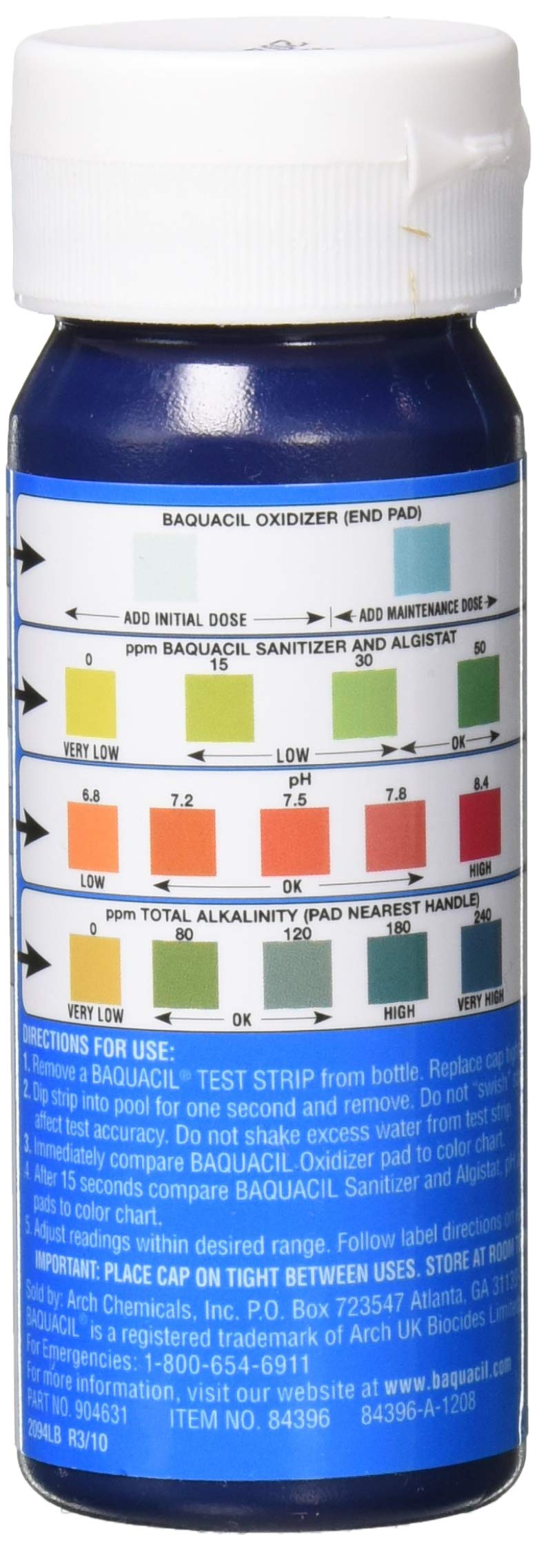 Baquacil 4-Way Test Strips being dipped for rapid 15-second readings.