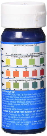 Baquacil 4-Way Test Strips being dipped for rapid 15-second readings.