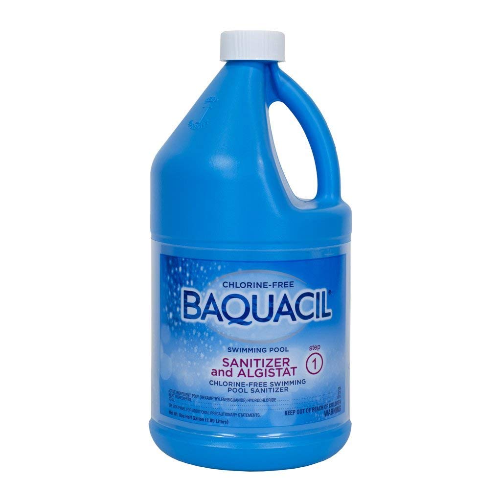 Baquacil Sanitizer half-gallon bottle supports chlorine-free pool care.