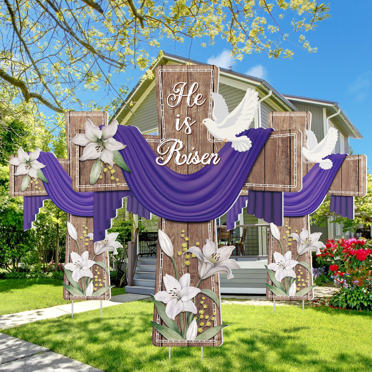 Baquler Easter yard cross with lily and dove, ideal for spring garden display.