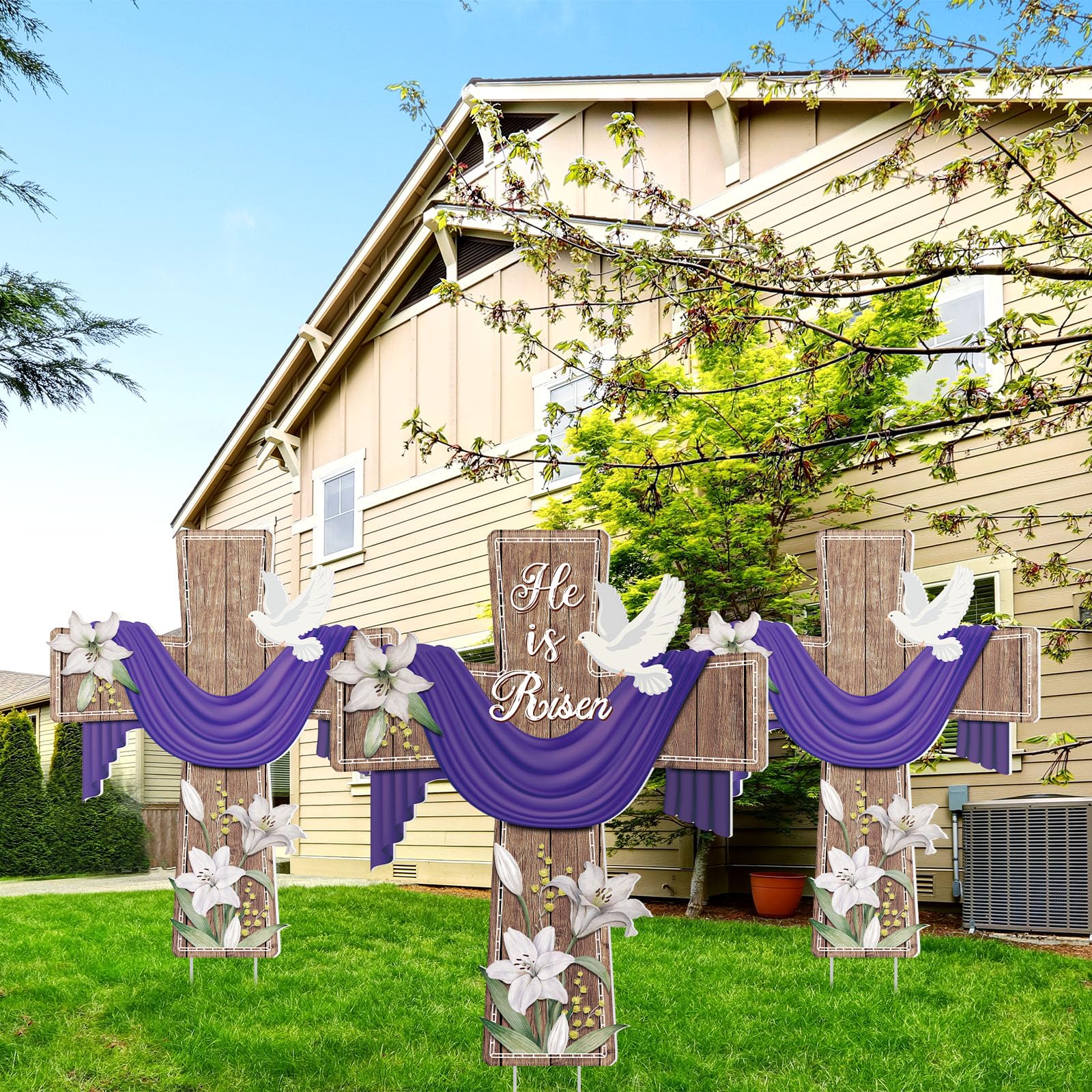 Baquler Easter yard cross with lily and dove, ideal for spring garden display.