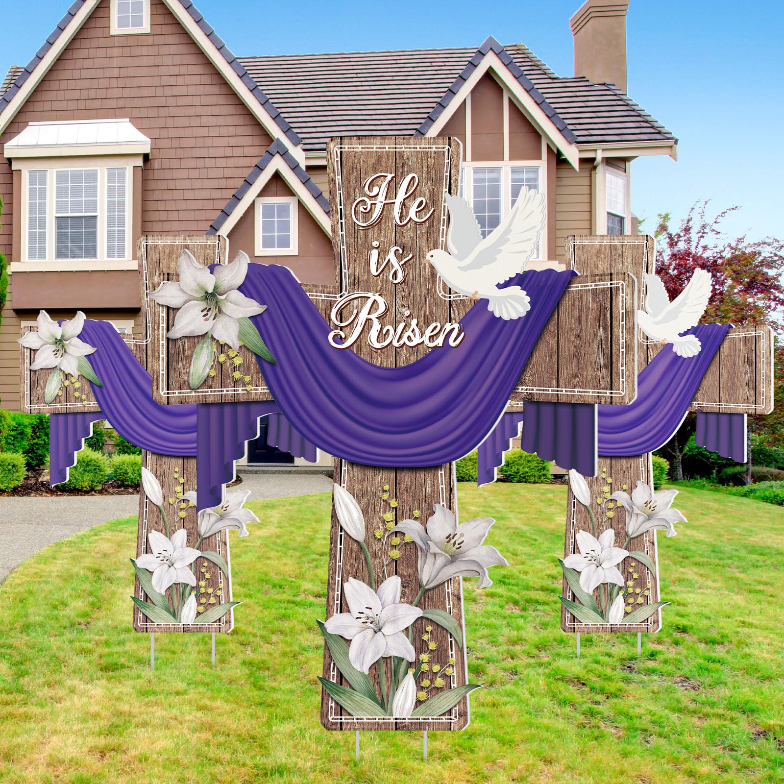Baquler Easter yard cross with lily and dove, ideal for spring garden display.